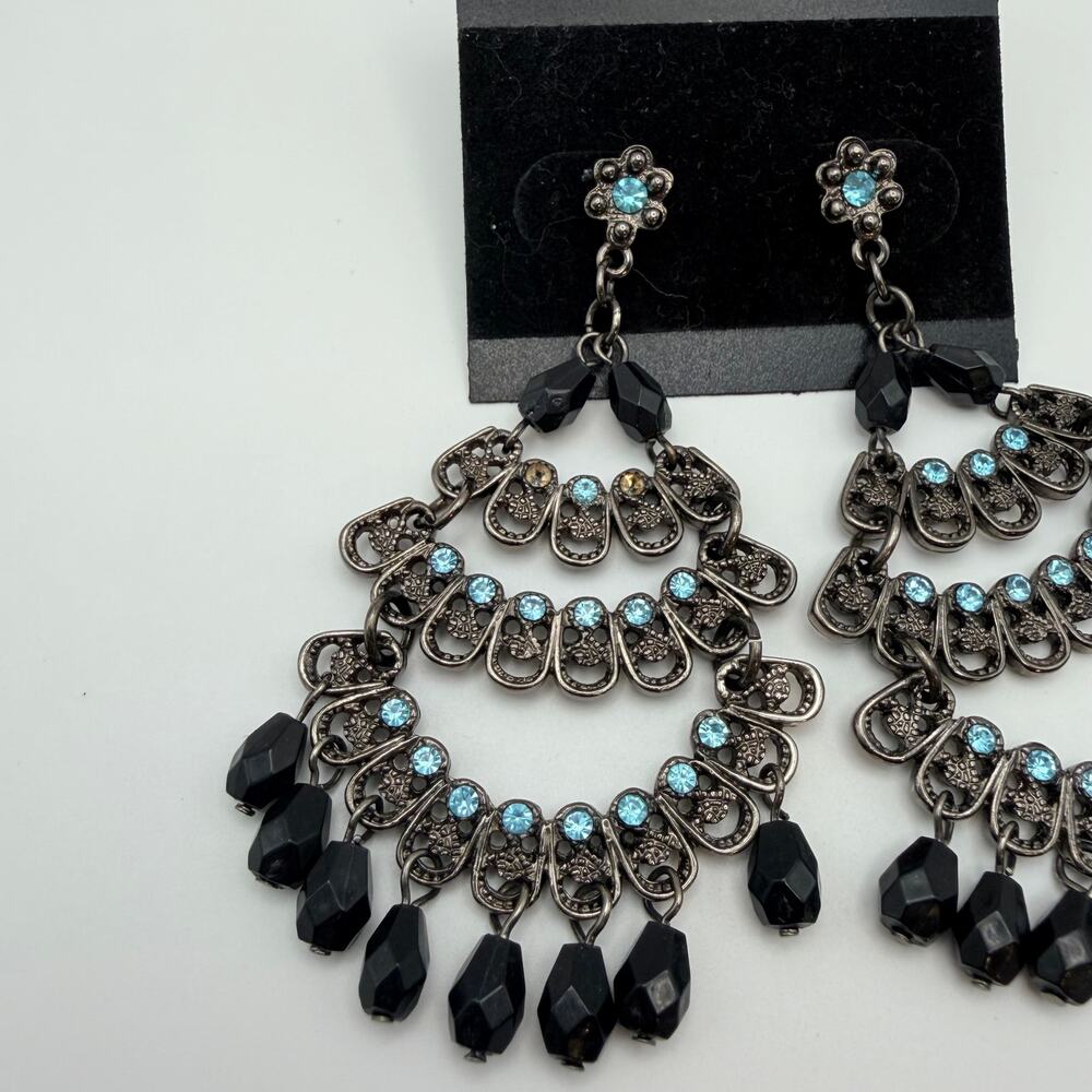3/$25 - Silver Tone Blue Rhinestone Chandelier Statement Earrings - Picture 3 of 3